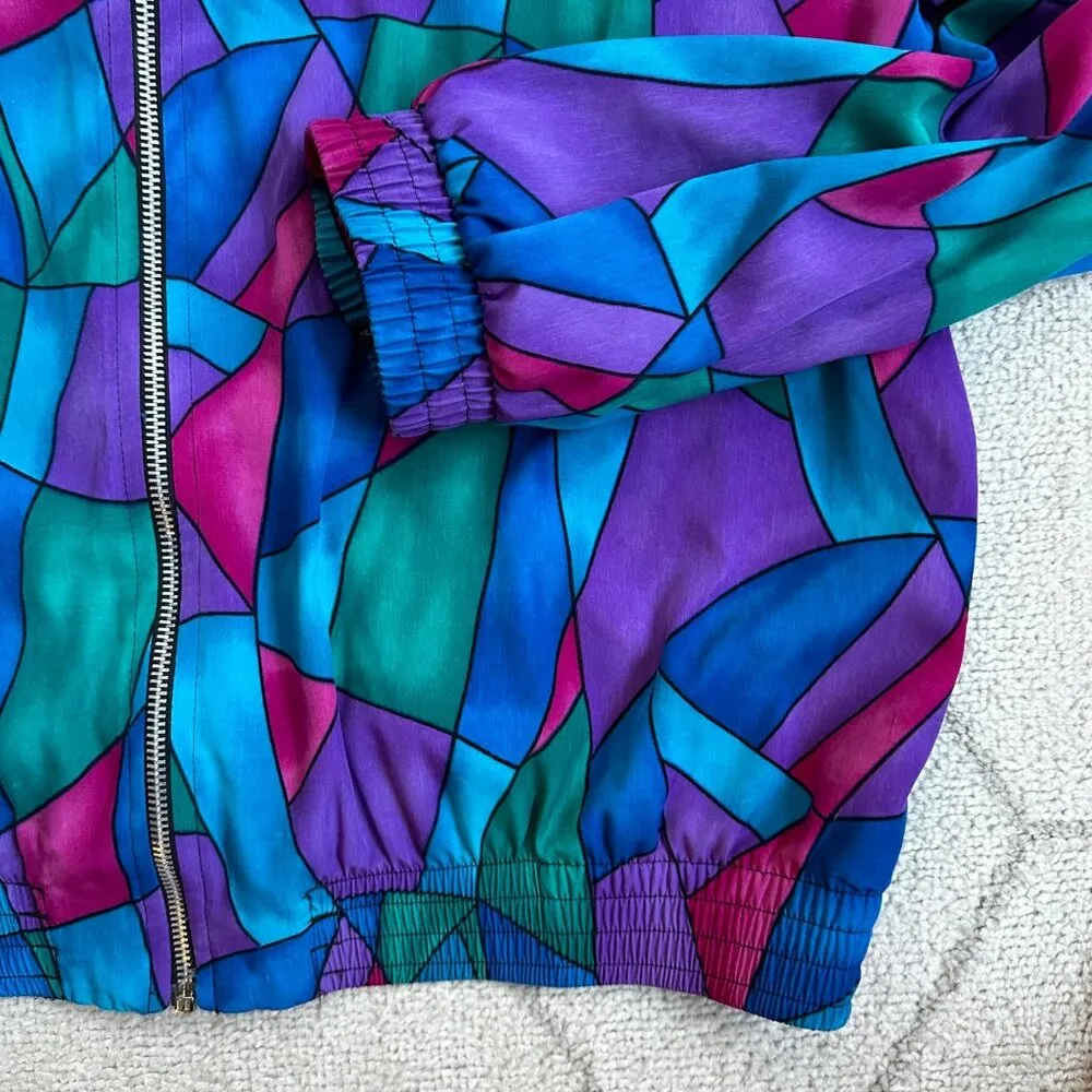 Vintage 80s/90s Multicolored Windbreaker Stained Glass Print Design Sz L/XL Blue - Image 7