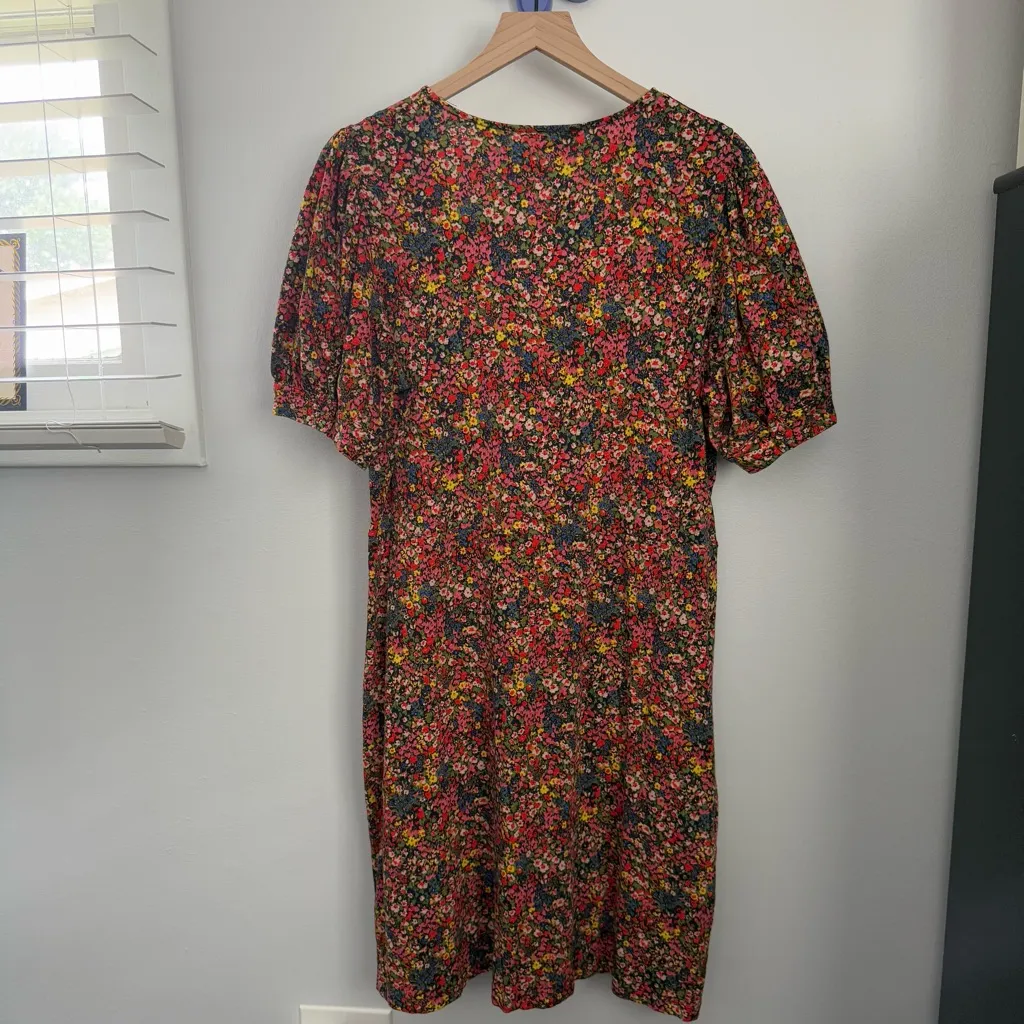 Boden 14 V Neck Jersey Dress Gardenia Petal Colorful Floral Puff Short Sleeve Pink - Image 4