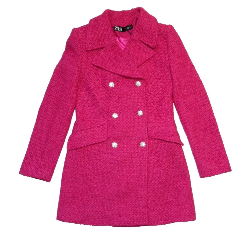 NWT ZARA Double-Breasted Textured Tweed Coat in Pink Rhinestone Button Jacket XS - Image 2