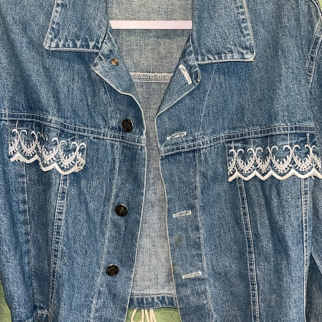 Vintage cropped Jean Jacket embroidered lace • SWITCH • cropped jacket • denim Size L - Image 14