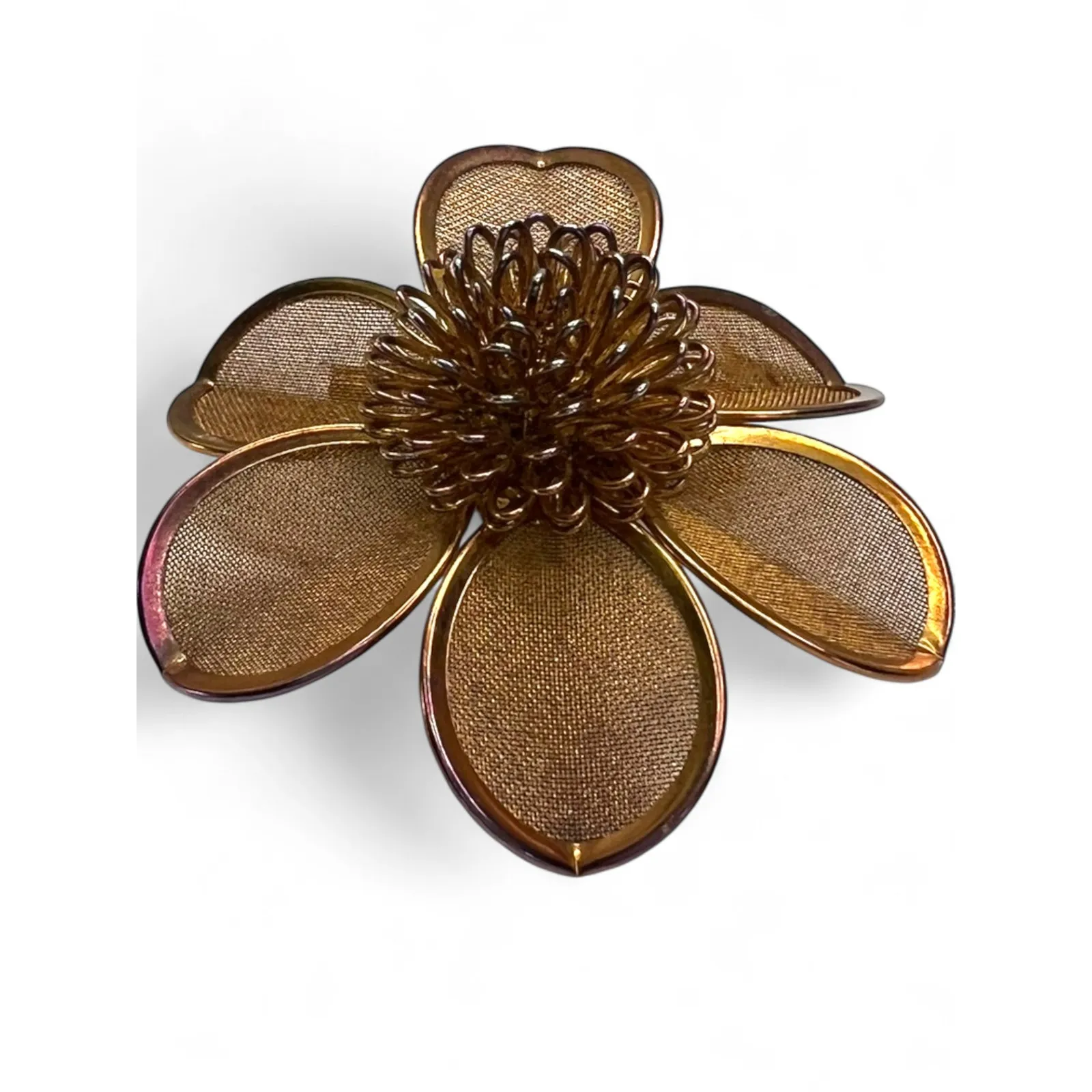 Vintage MCM Mid Century 60's Gold Tone Metal Mesh Flower Pin Brooch Daisy - Image 3