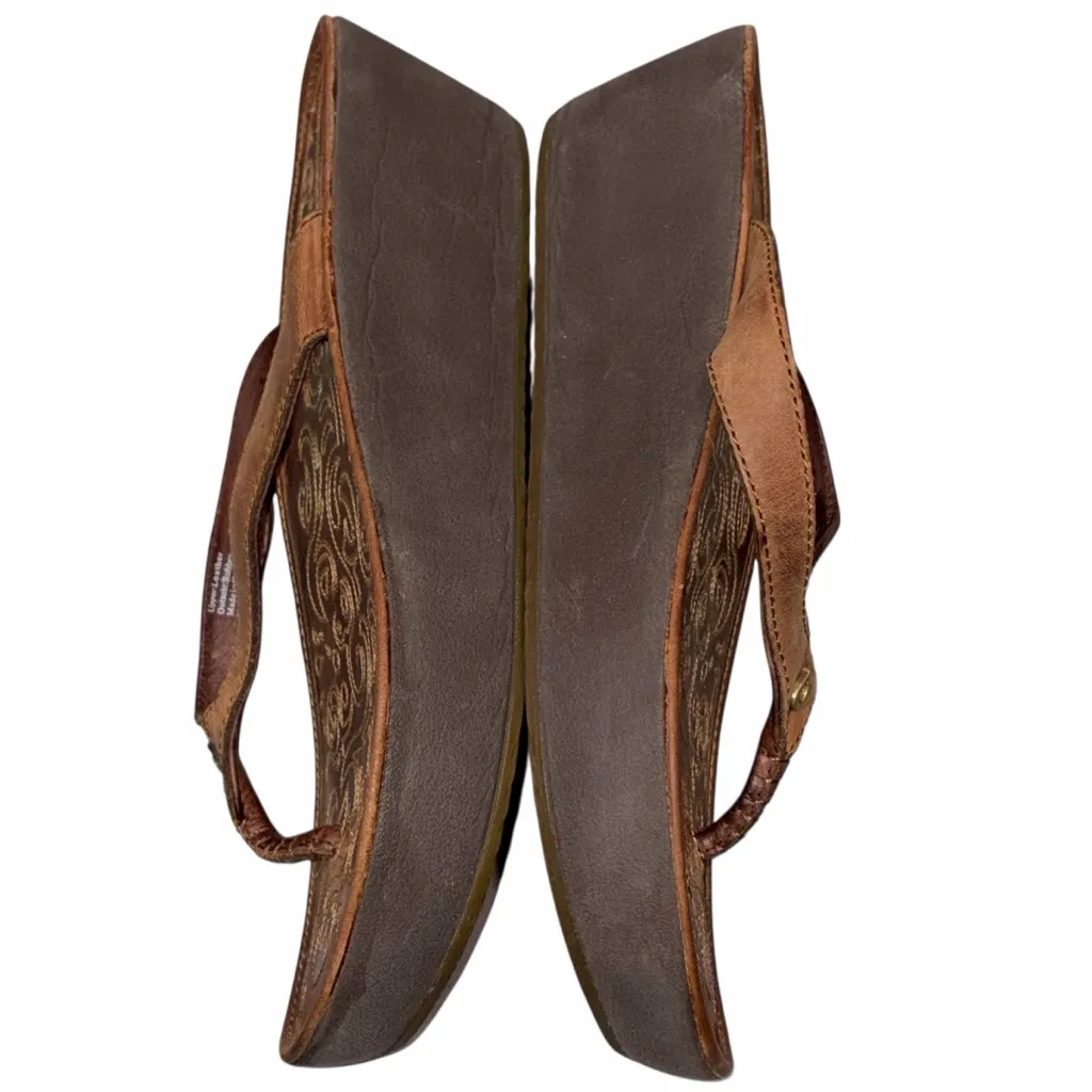 Olukai Paniolo Brown Leather Wedge Flip Flop Thong Sandals Shoes size 9 - Image 7