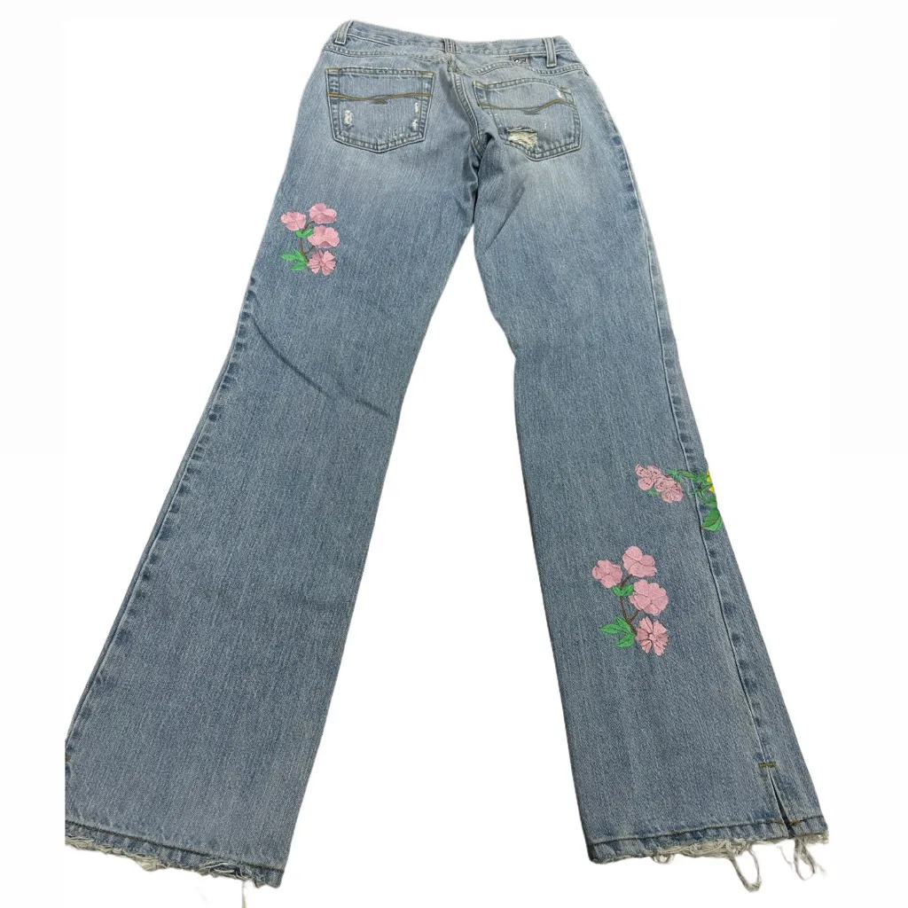 Cruel Girl Blue Low Rise Vintage Slim Fit Bootcut Jeans with Floral Embroidery - Image 2