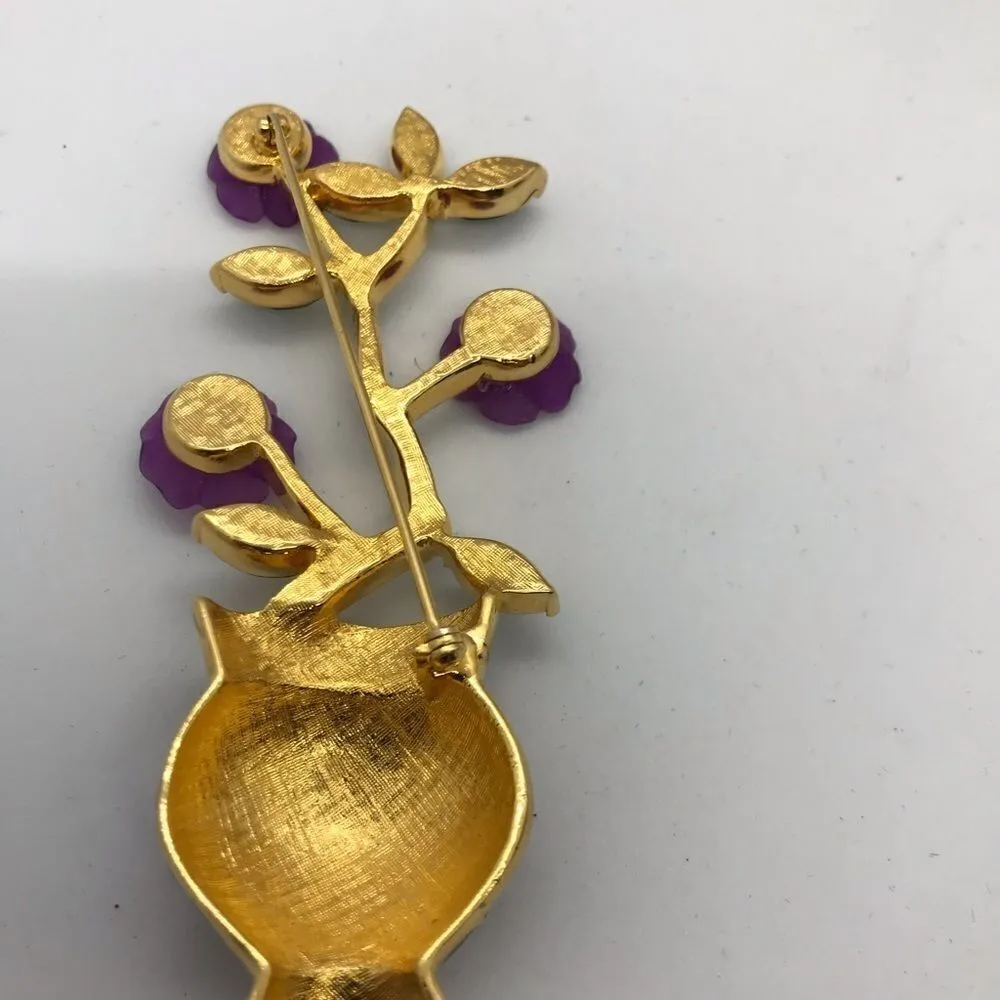 Flower Bouquet Vase Enamel Brooch Gold Tone 90s Vintage Green - Image 3