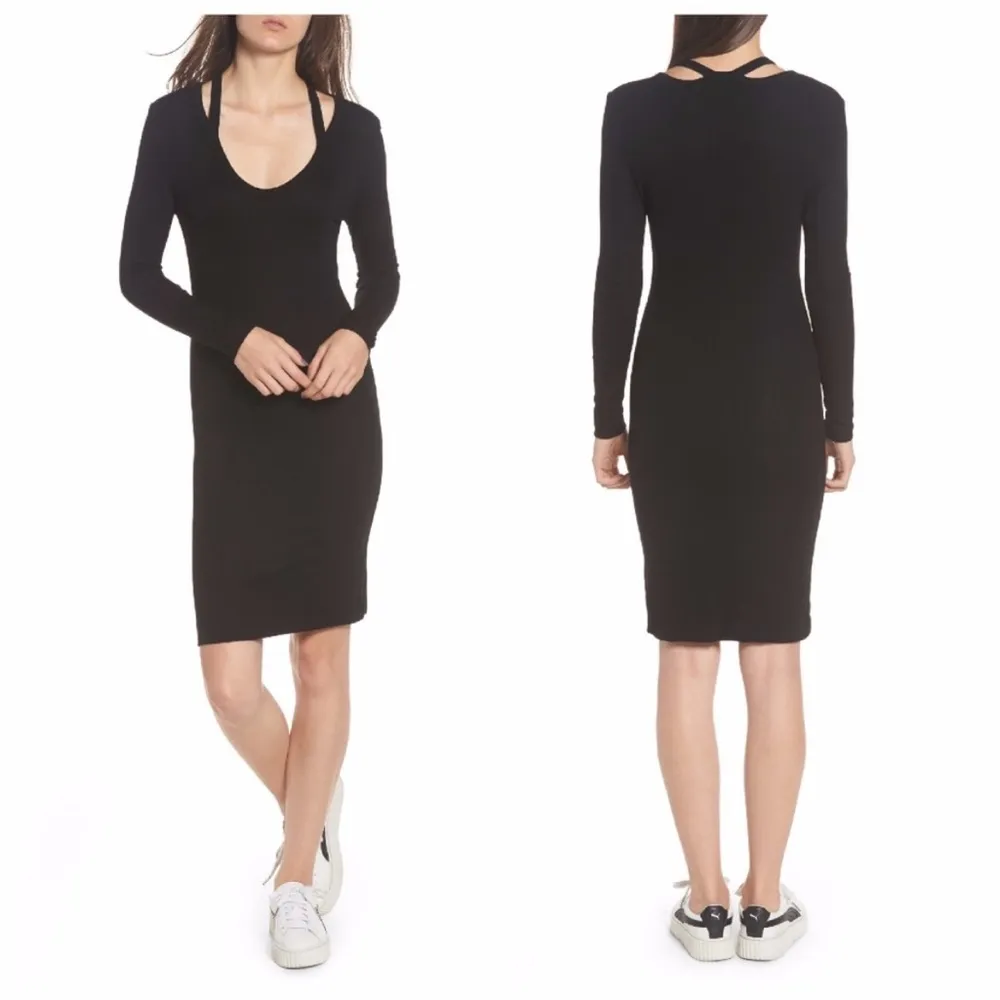 NWT Pam & Gela Black Split Neck Ribbed Jersey Dress Size P(XS) - RD7017 - Image 2