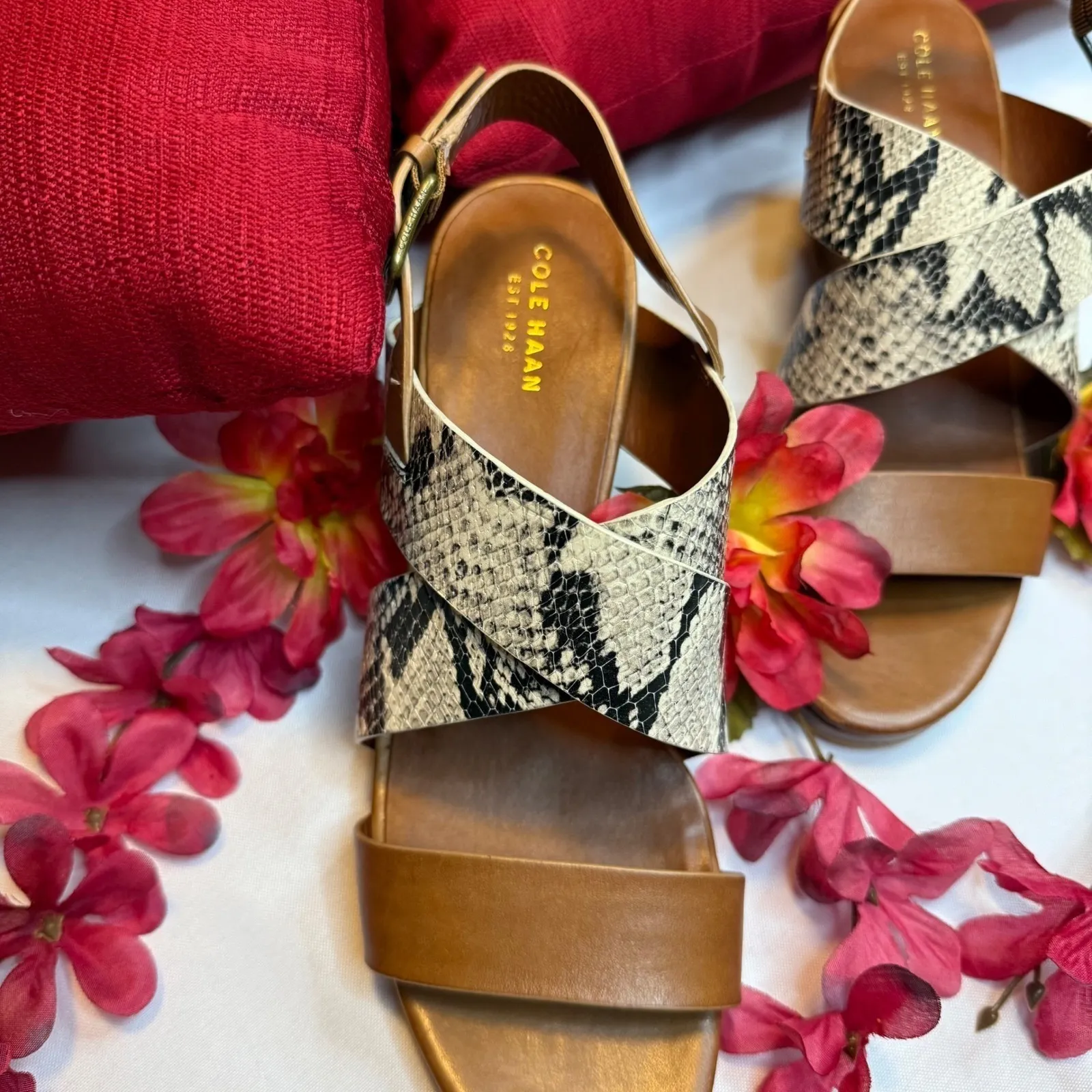 Cole Haan Penelope Sandals New Snake Print Leather Wedge‎ Tan Brown Shoes Size 9 - Image 4