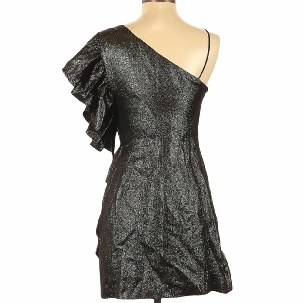 Sandro Dress Metallic Black One Shoulder Ruffle Mini Statement Retro Small New - Image 4