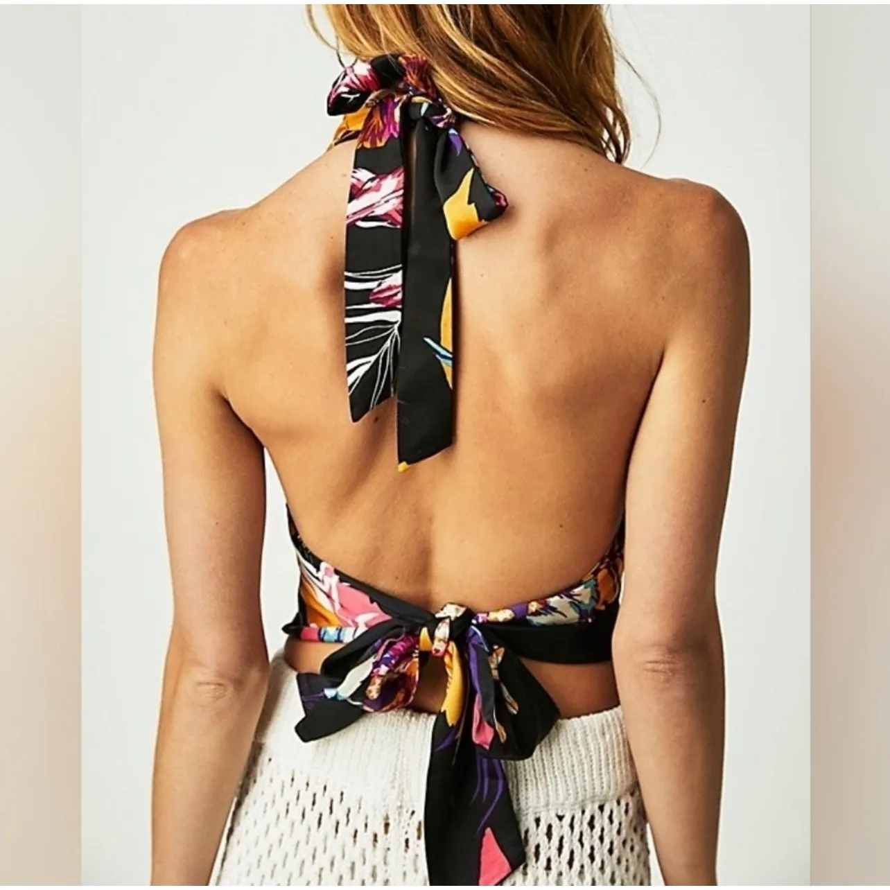 Free People Womens Boho Resortwear Seraphina‎ Floral Plunge Halter Cropped Top S - Image 2