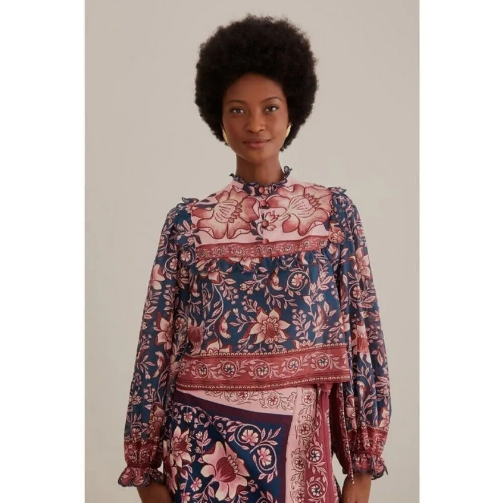 💕FARM RIO💕 Teal Ainika Charm Long Sleeve Blouse Tropical Floral Print XXS NWT - Image 7