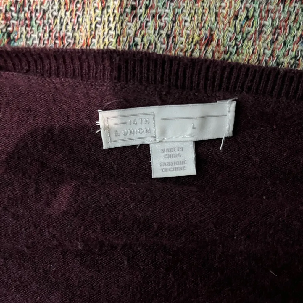 14th & Union Burgundy Long Sleeve Relaxed V-Neck Blouse SZ L Puff Sleeves - Image 13