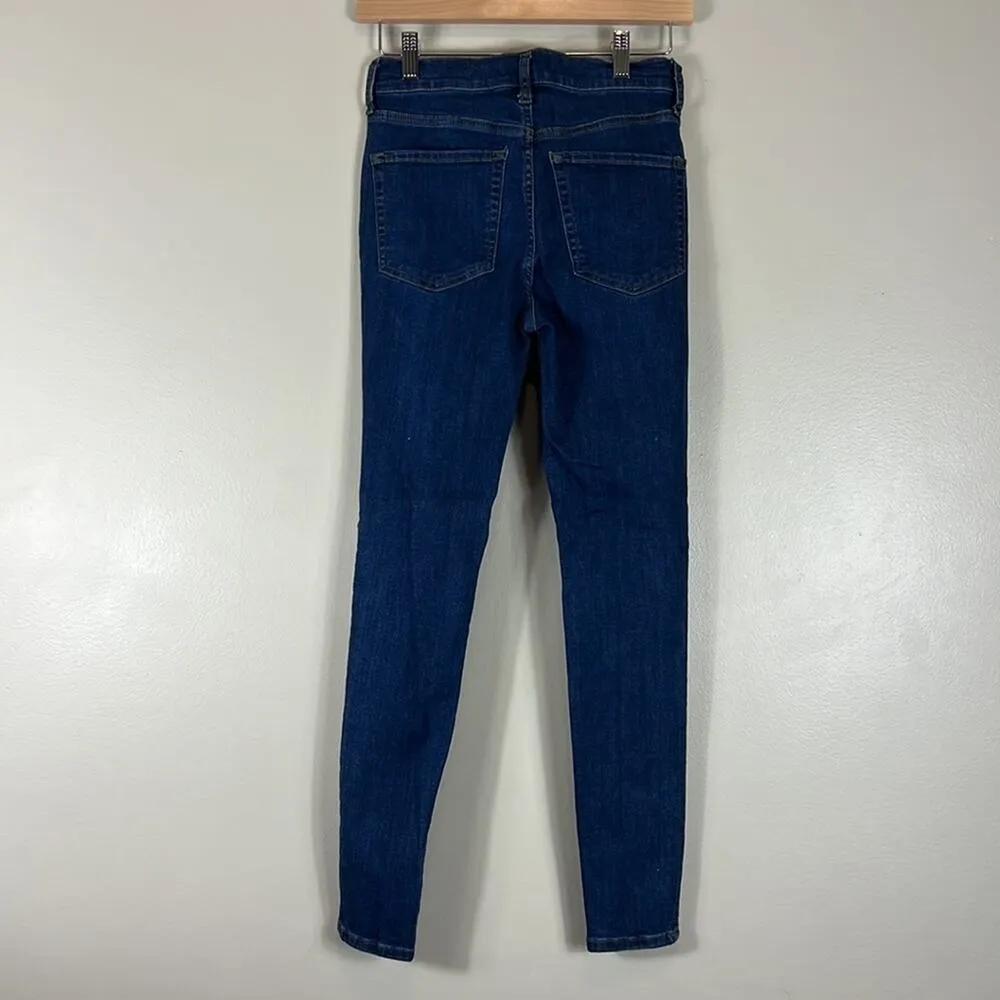 Free People Dark Wash Mid Rise Busted Knee Skinny Jeans - Image 4