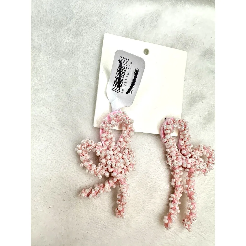 NEW Free People Brandy Bow Dangles Earrings Beaded In Pink Elegant Femme Funky - Image 2
