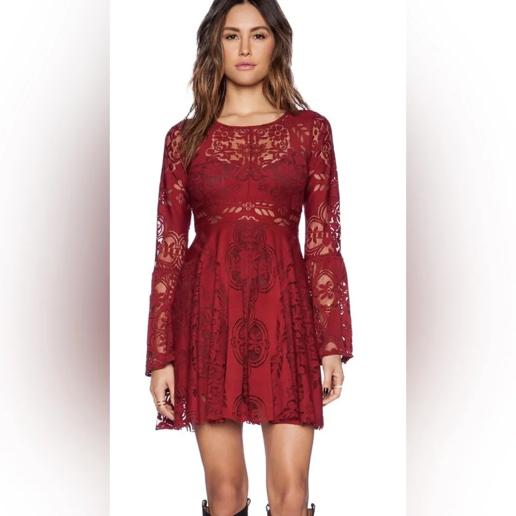 Free People Lace Lovers Folk Song Bell Sleeve Boho Dress - Image 5