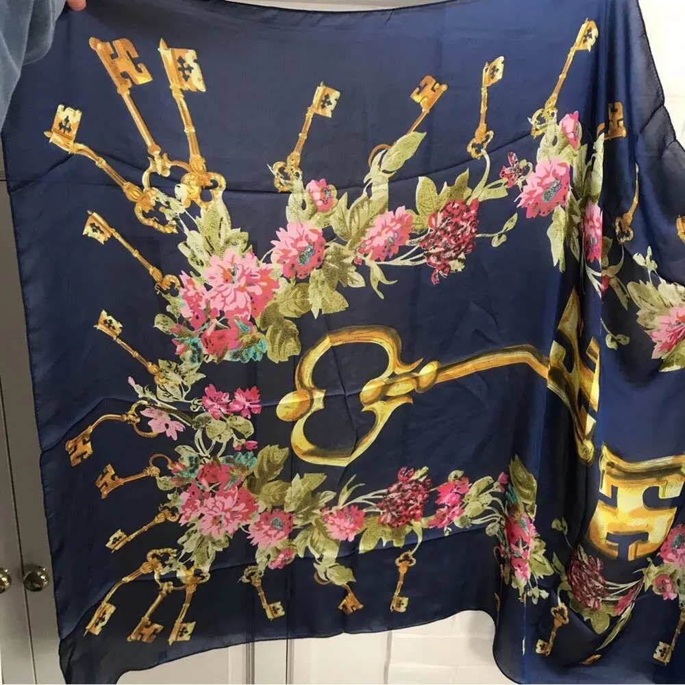 Silk Blend Key and Floral Print Oversized Scarf / Wrap Blue - Image 5