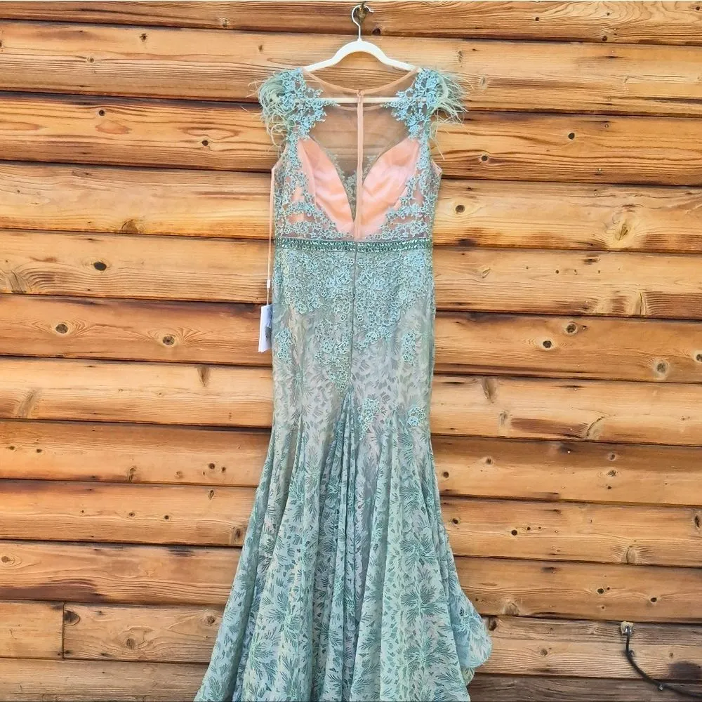 Mac Duggal 79230 Embellished Feather Cap Sleeve Illusion Neck Trumpet Gown - Image 8