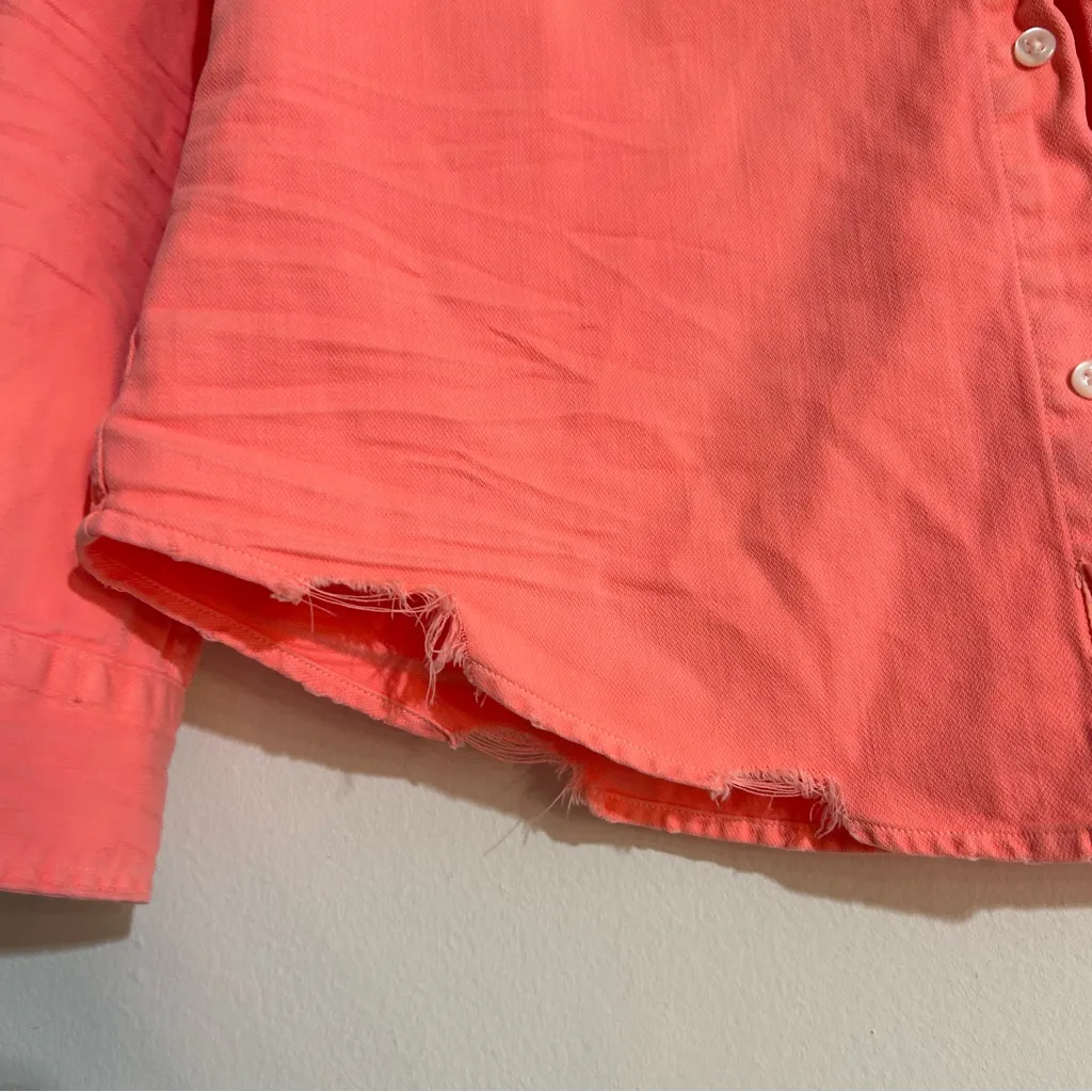 Frank & Eileen Barry Famous Denim Button Down Distressed Shirt Neon Watermelon - Image 4