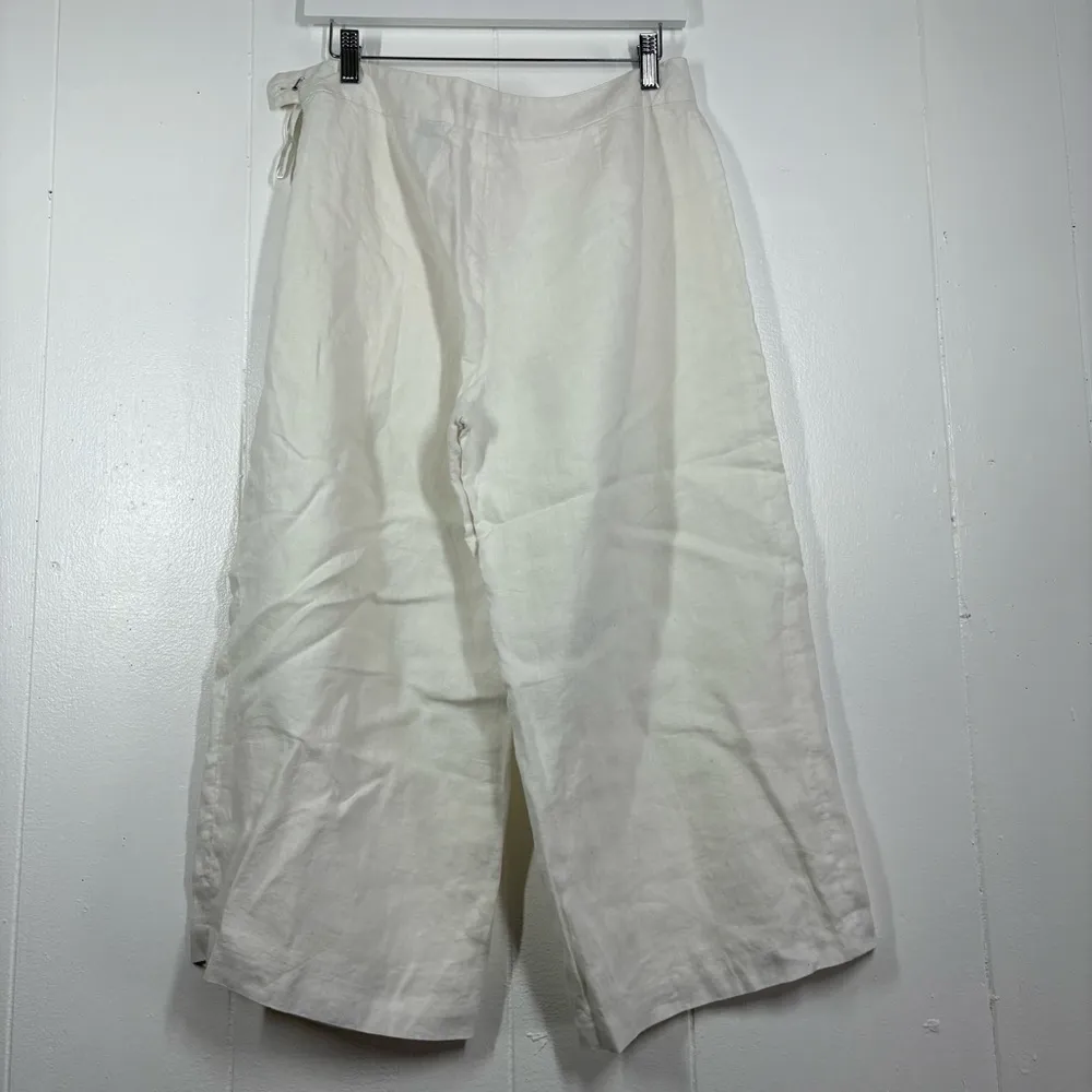 Lagenlook Linen White Trousers Pants Cropped Wide Leg Straight Womens 8 Coastal - Image 4