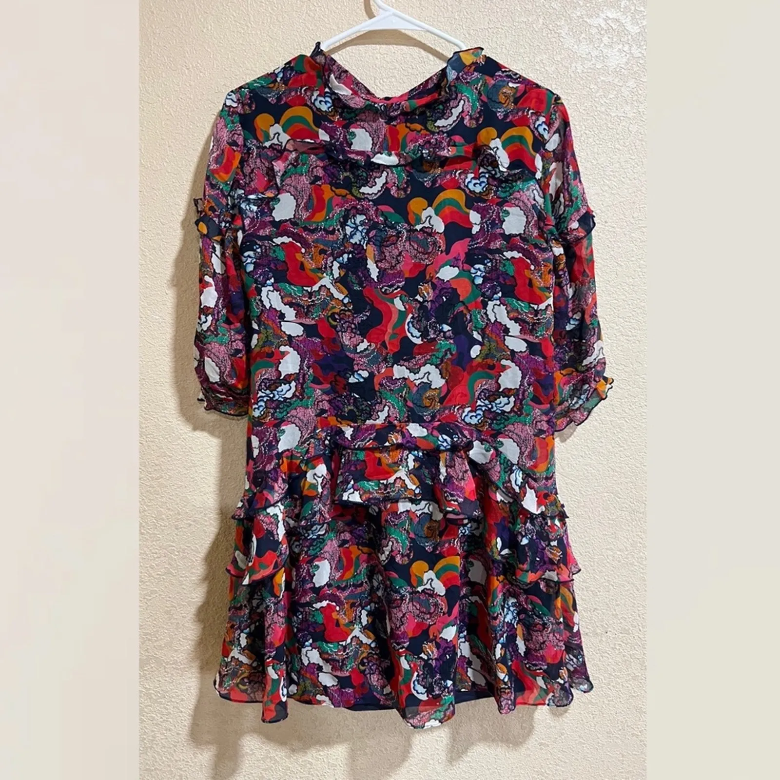 SALONI Printed Colorful Tilly Ruffle Button front Mini Dress size 6 Red - Image 6