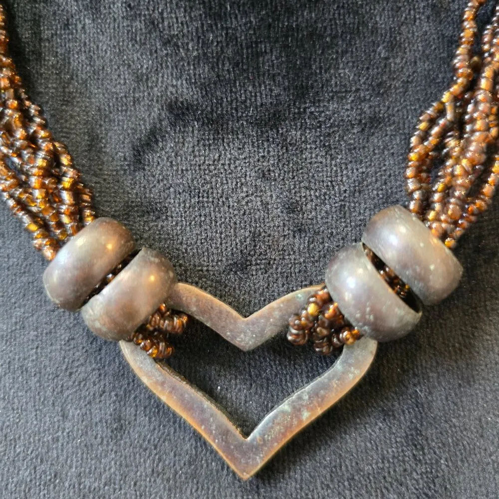 Women Brown Multiple Layered Seed Bead Heart Pendant Necklace with Lobster Clasp - Image 3
