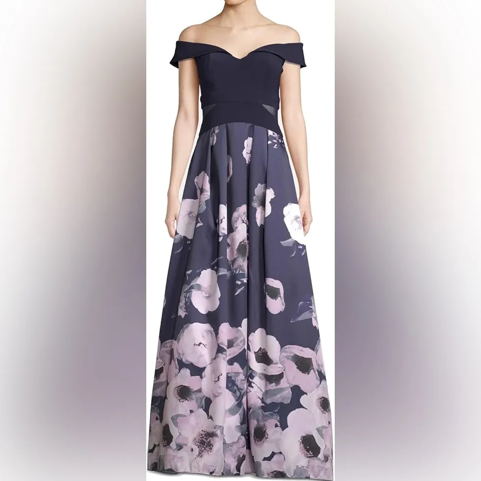 Xscape Navy Blue Lavender Off Shoulder Floral Ball Gown Maxi Dress Formal Size 8 - Image 2