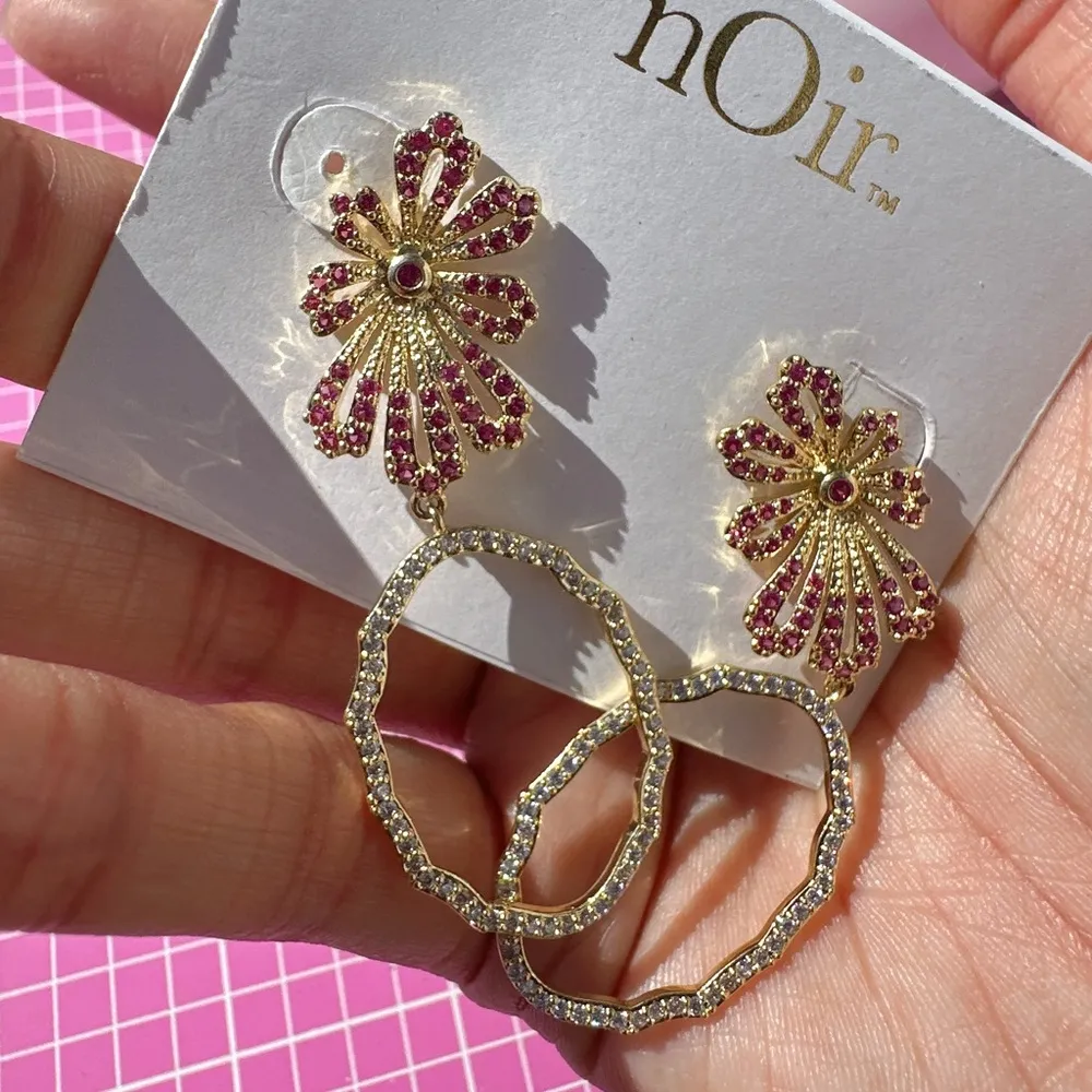 Noir earrings gold tone red crystal diamonds paved floral studs oval drops - Image 4