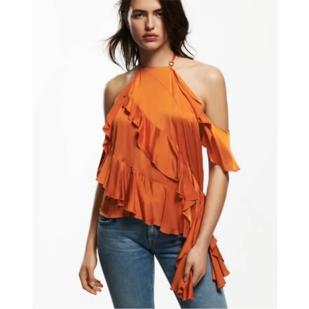 NEW Zara Orange Satin Ruffle Draped Off Shoulder Tank Top Blouse Small - Image 3