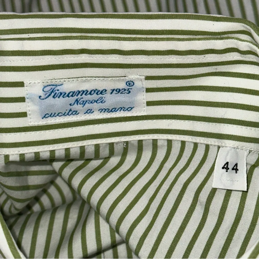 Finamore 1925 Napoli Women’s 44 10 Green White Striped Cotton Button Down Shirt - Image 4
