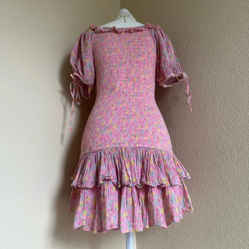 LoveShackFancy Pink Floral Puff Sleeve Mini Dress Sz M Smocked Romantic Cottage - Image 9