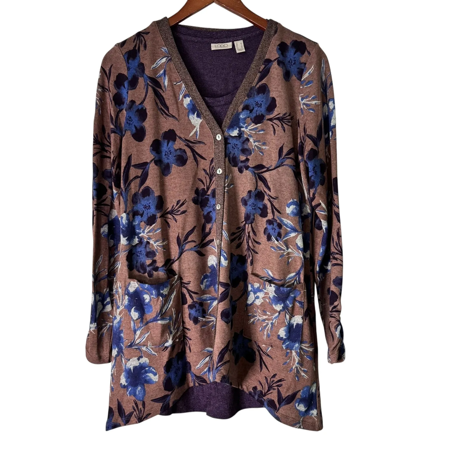 LOGO Lori Goldstein Floral Print Knit Cardigan Button Front Pocket Detail Brown - Image 9