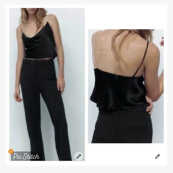 Zara Black Satin Rhinestone Strap Camisole - Image 3