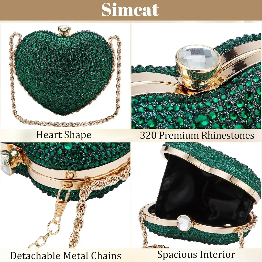 ⚡ Women's Cute Heart Shape Rhinestone Evening Wedding Green Clutch Handbag - Image 4