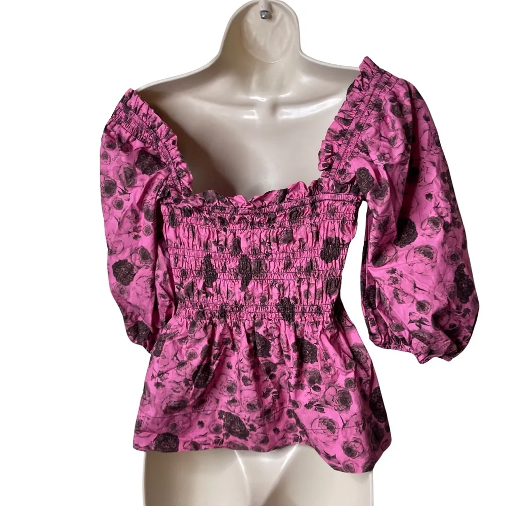 Ganni Floral Printed Pink Cotton Poplin Blouse sz 36 US 4 - Image 3