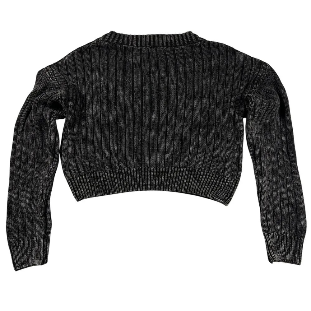 Madden NYC Washed Black Cropped Cable Knit V - Image 3