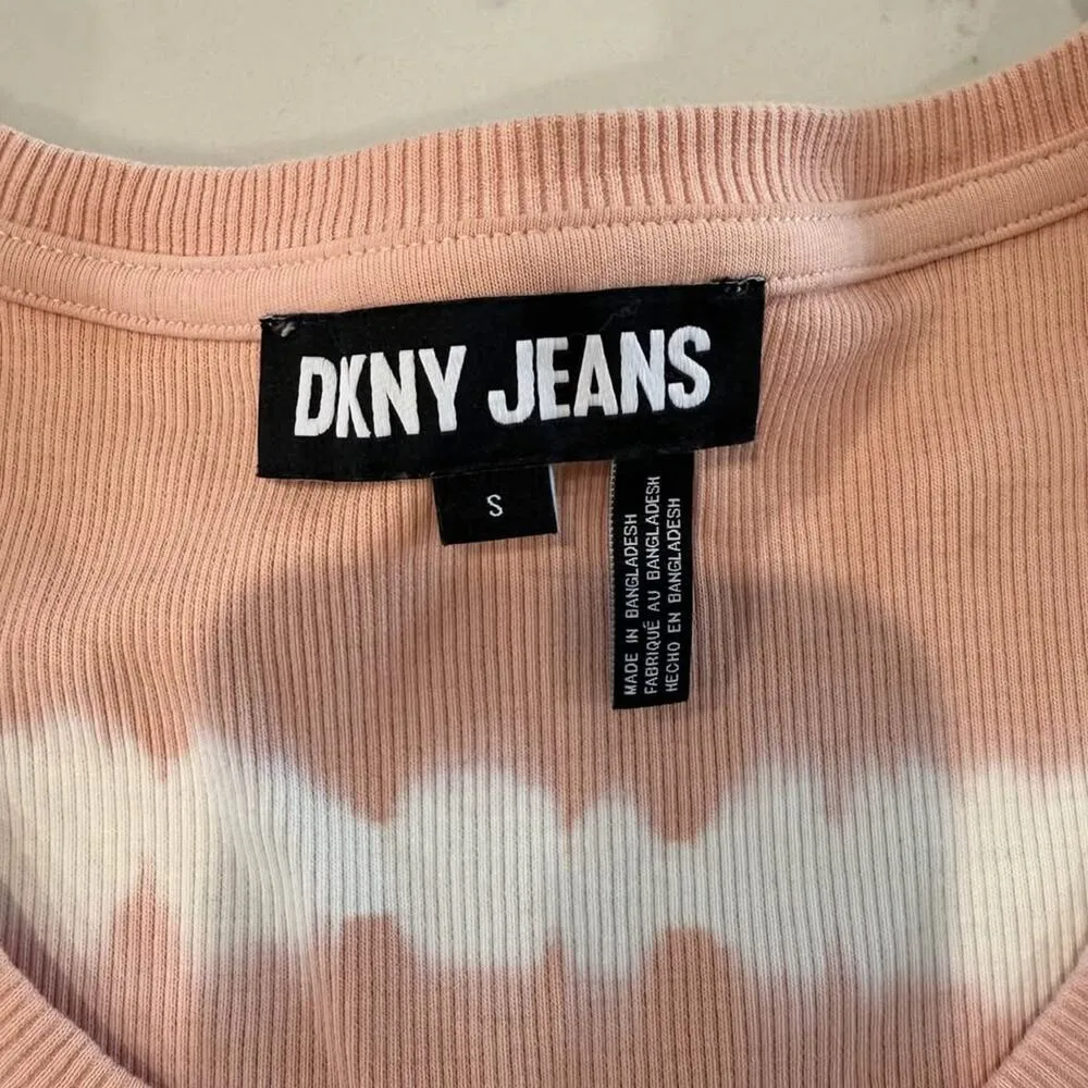DKNY Long Sleeve Pink Tie-Dye Ribbed Top Women's Small Scoop Neck Smocked Cuffs - Image 5