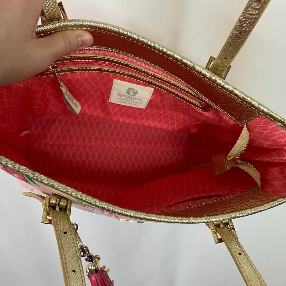 Spartina 449 | Pink Flamingo Print Genuine Leather Shoulder Bag Purse Tropical - Image 11