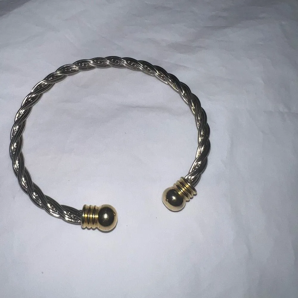 Silver‎ Tone Braided Cuff Bracelet with Gold Tone Tips Silver - Image 5