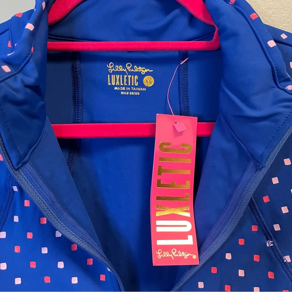 Lilly Pulitzer Top Luxletic Callie Half-Zip Borealis Blue Lilly Squared XL NWT - Image 10