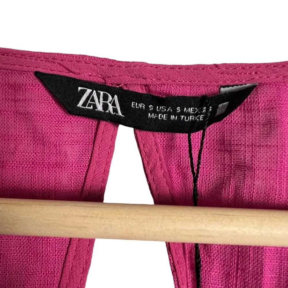 Zara Pink Sleeveless Faux Wrap Belted Cut Out Cotton Crop Top Size Small - Image 6