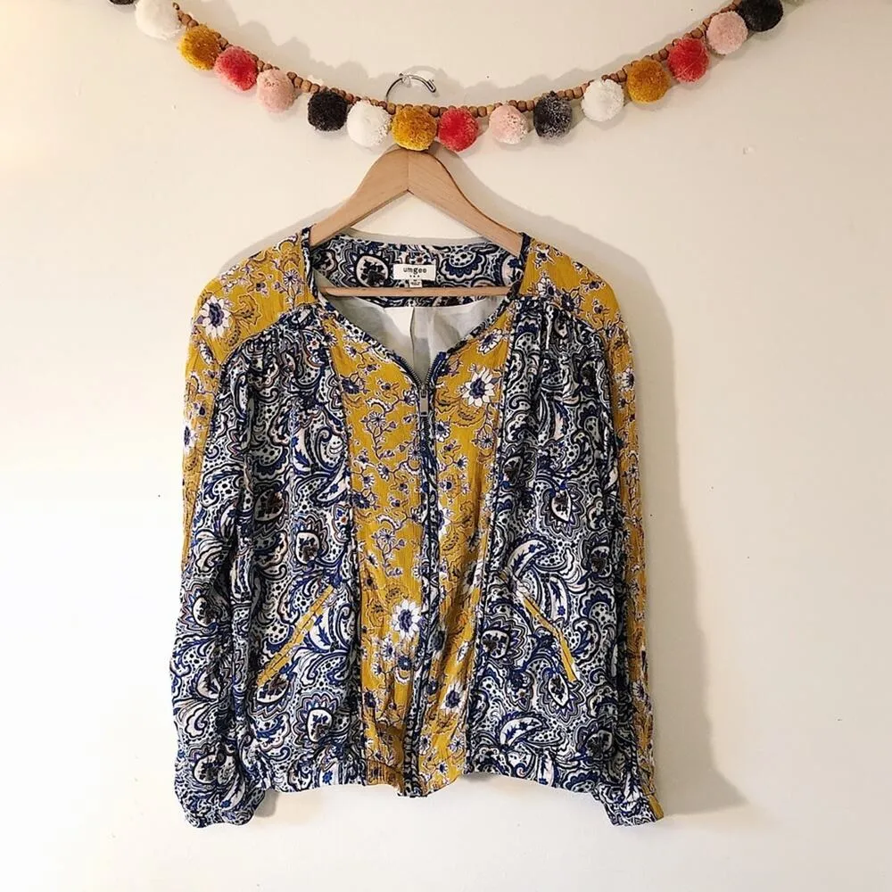 Umgee USA Womens Floral Print Bomber Zipper Jacket Blue Yellow Mix - Image 4