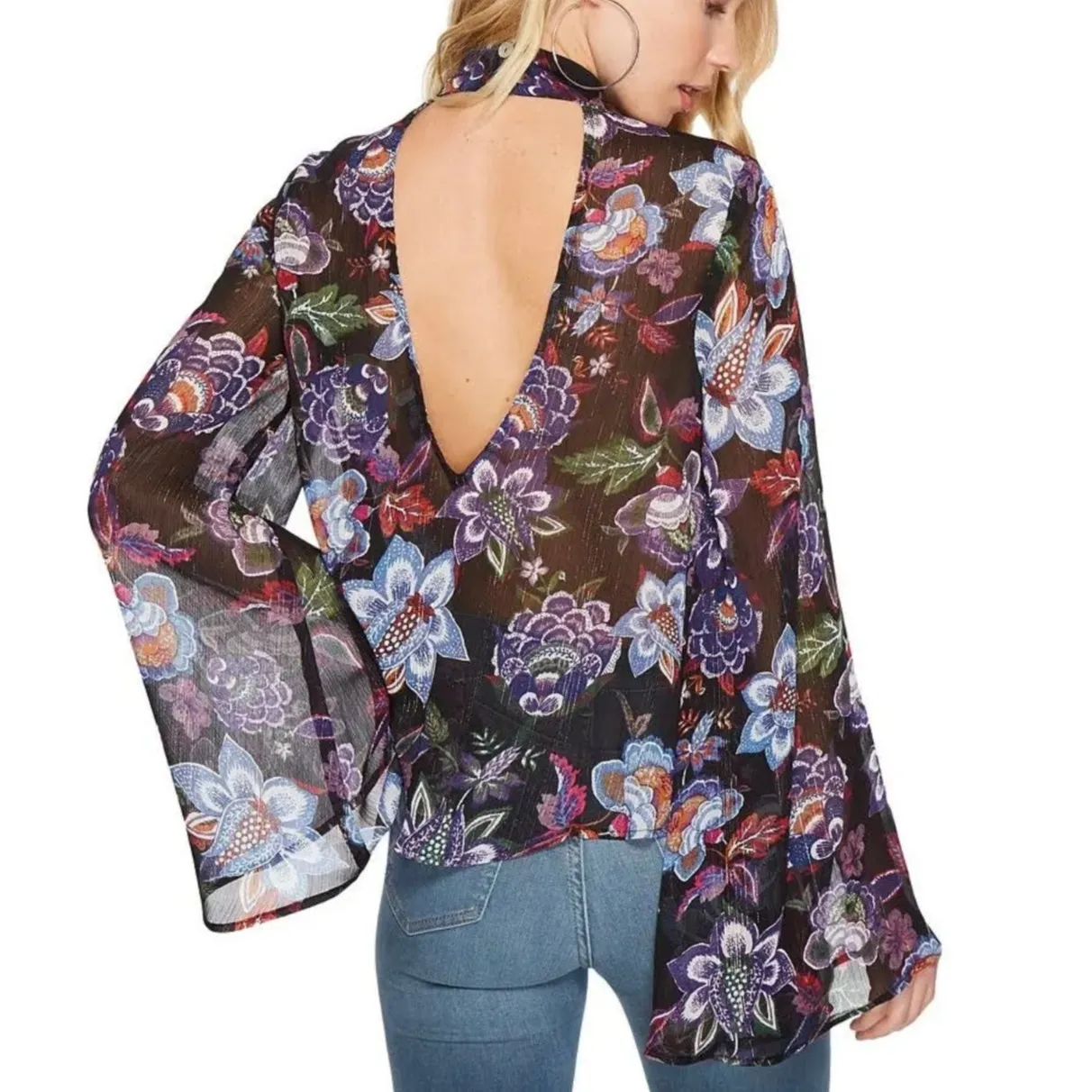 Show Me Your Mumu NWT Olsen City Nights Glimmer Floral V-neck Bell Sleeve Blouse - Image 6