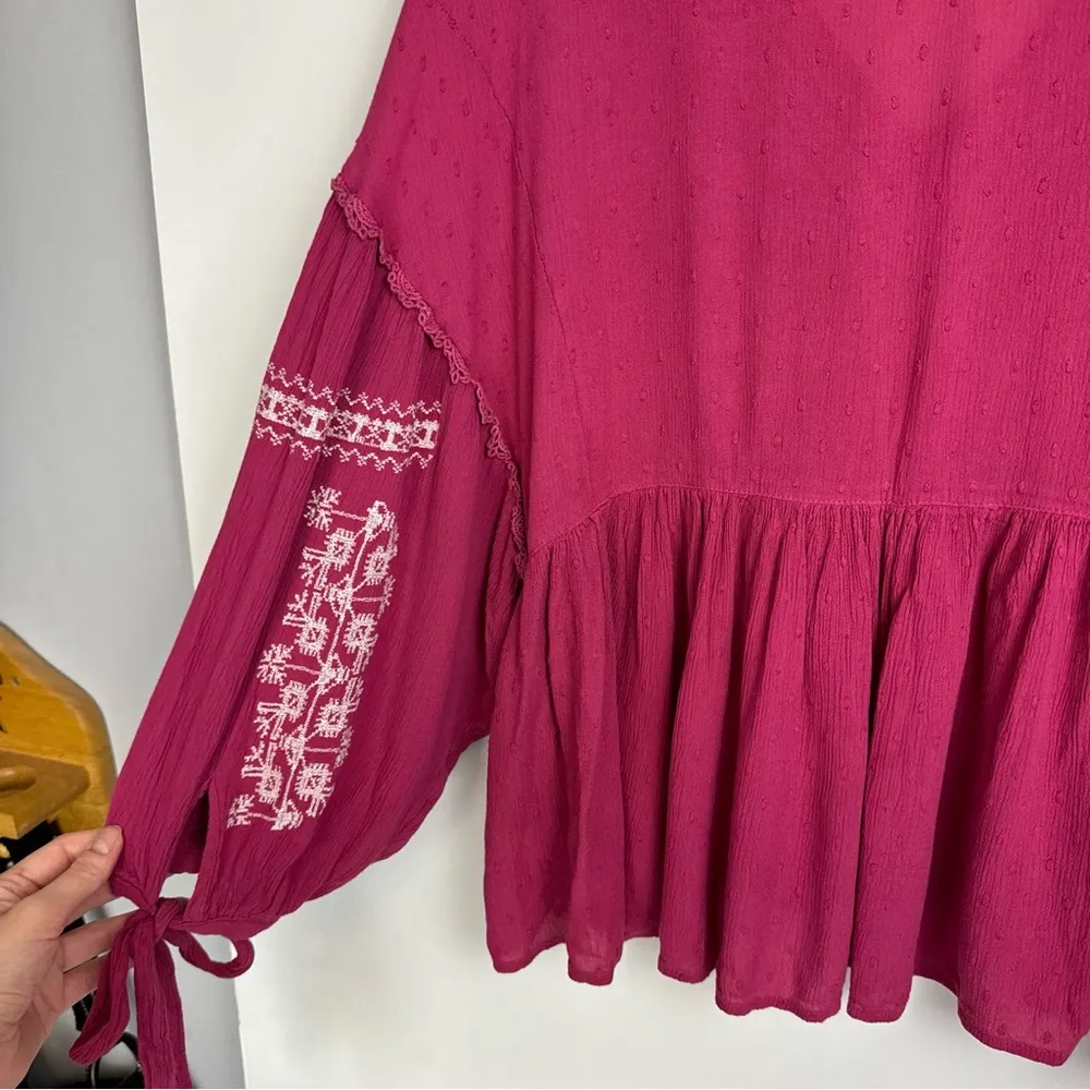 American Eagle Embroidered Boho Top Sz XL Pink Balloon Sleeves - Image 15