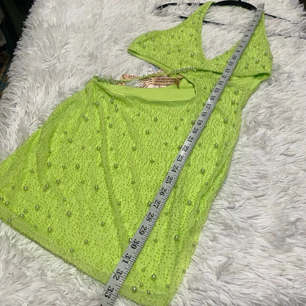 NEW Oh Polly Sequin Cut Out Club Mini Dress in Neon Lime Size 4 - Image 3