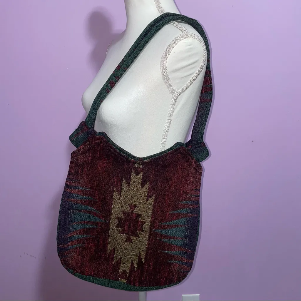 Vintage Aztec Tapestry Shoulder Bag Small Tote Southwestern Boho Casual Country Red - Image 2