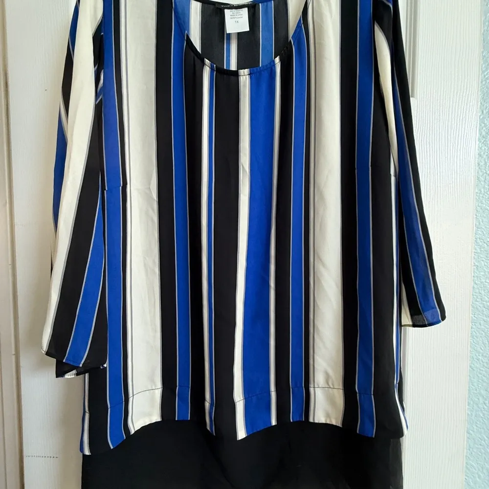 Travel Elements Plus 1X Striped Blouse Blue Black White High low tunic top - Image 2