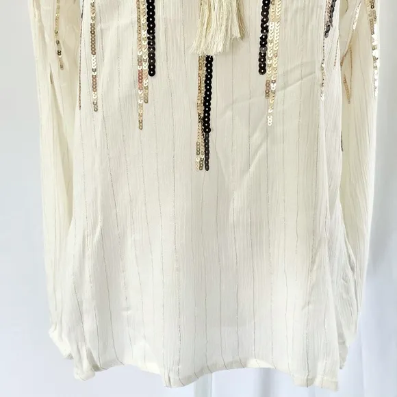New  Sequin Striped Tassel Tie Peasant Top Ivory Black Gold - Image 4