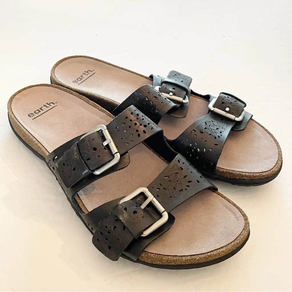 Earth Size 10 Black‎ Sand Antigua Perforated Buckle Slide Sandal Shoes Black - Image 3