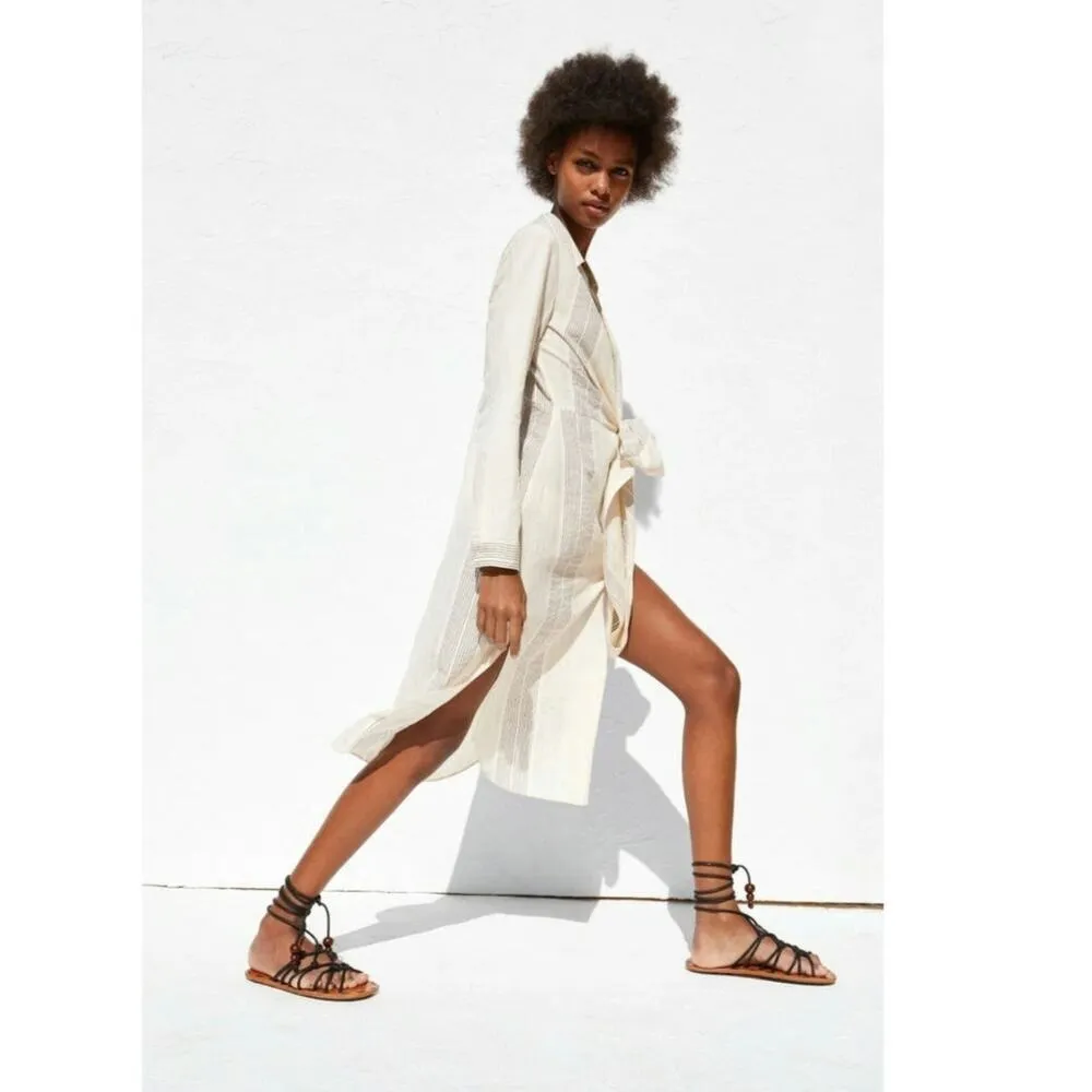 NWT Zara V Neck High Waisted Dress Striped Bow Cream Black Size Med Lightweight - Image 3