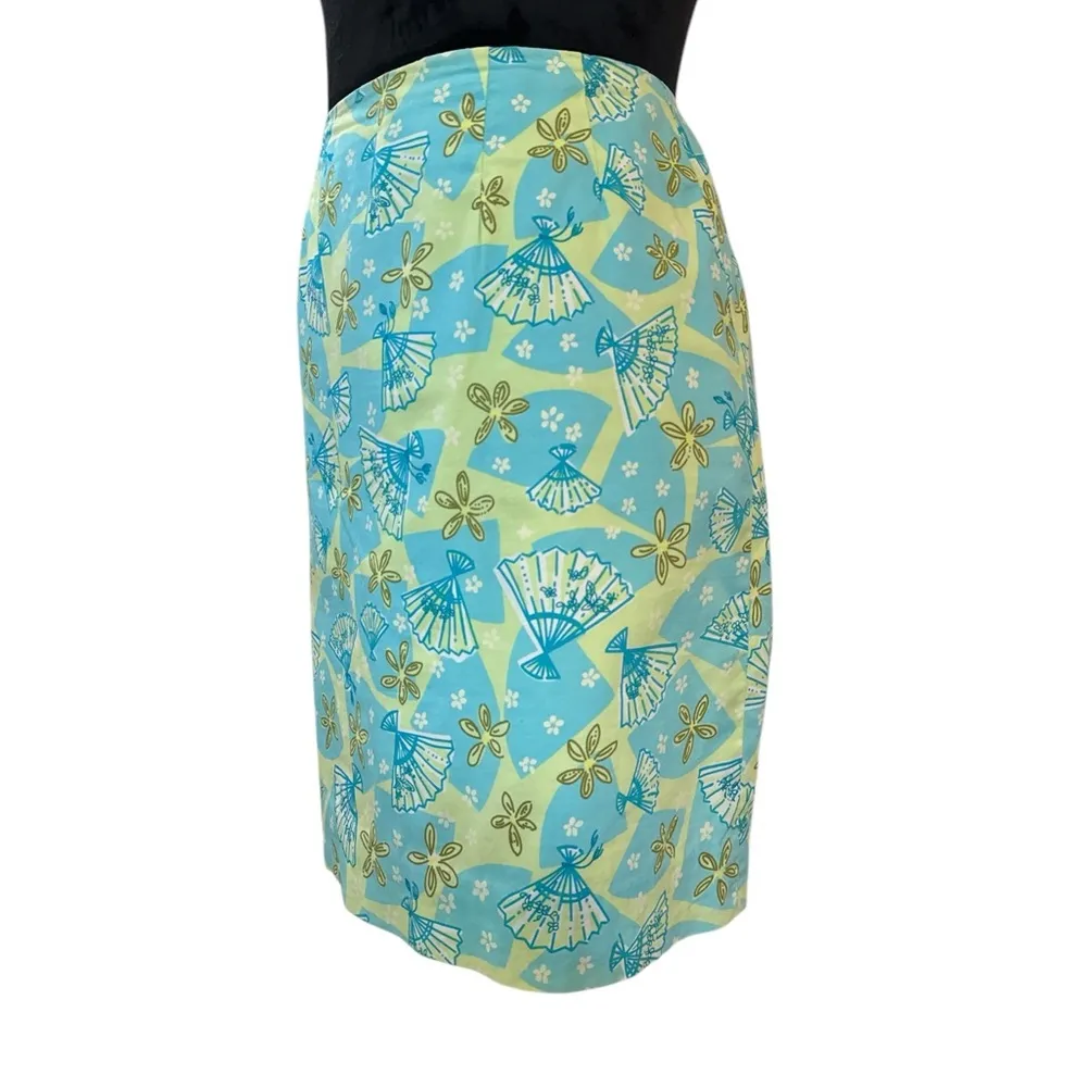 Vintage Lilly Pulitzer Fan Print Pencil Skirt Size 4 Cotton Turquoise Yellow - Image 2
