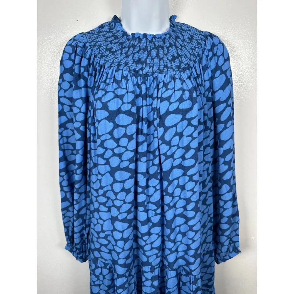 Ann Taylor Loft XS Dress Blue Smocked Neck Cheetah Animal Print Long Sleeve - Image 4