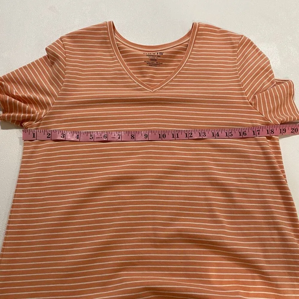 Orvis Perfect Tee Orange White Striped V-Neck Shirt Women’s Medium - Image 4